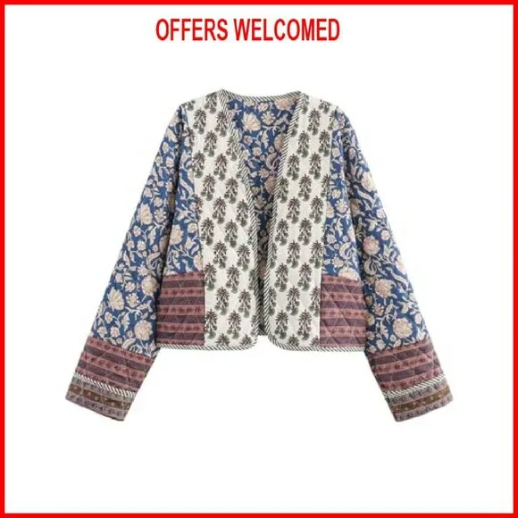 Cropped Puffer Jacket Cardigan Lightweight Quilted Open Front